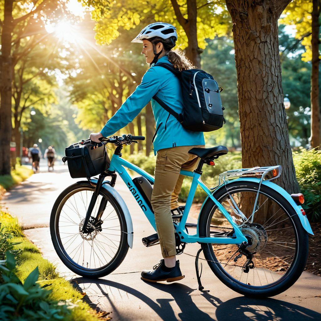 A dynamic illustration showcasing essential electric bike accessories such as a high-tech helmet, a sleek bike lock, and a stylish bike bag. The scene features an electric bike parked in a vibrant outdoor setting, with sunlight streaming through trees and cyclists enjoying the ride in the background. Add elements like glowing battery indicators and colorful gear arrangements to emphasize the theme of adventure and innovation. super-realistic. vibrant colors. outdoor setting.