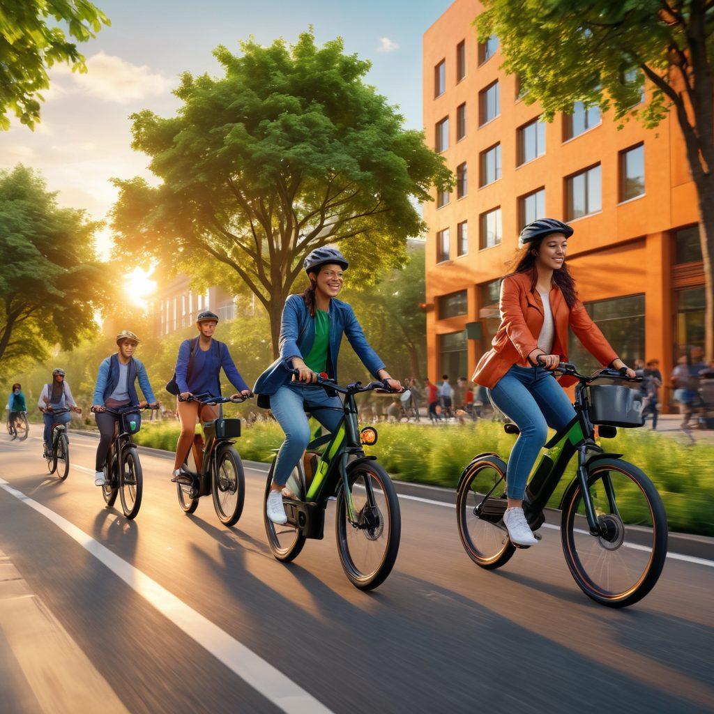 A dynamic urban scene with diverse commuters riding vibrant e-bikes on a bustling city street, surrounded by modern architecture and lush green parks. Capture the excitement and freedom of e-bikes, highlighting the eco-friendly aspect with trees and bicycles in motion. Include a sunset backdrop to add warmth and vibrancy. super-realistic. vibrant colors. 3D.