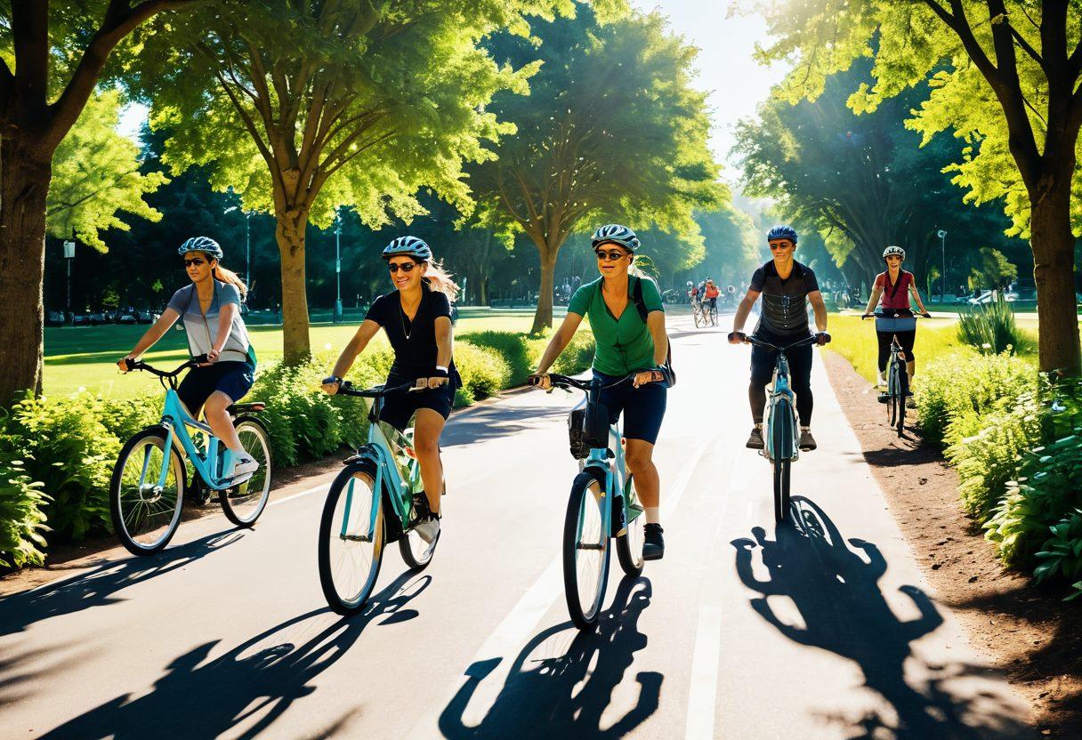 A vibrant scene featuring diverse cyclists joyfully riding electric bikes through a lush green park. Sunlight filters through the leaves, casting playful shadows on the path. The cyclists represent various ages and backgrounds, showcasing a community united by a love for sustainable transport. Highlight blooming flowers and eco-friendly elements like solar panels in the background. super-realistic. vibrant colors. sunny atmosphere.
